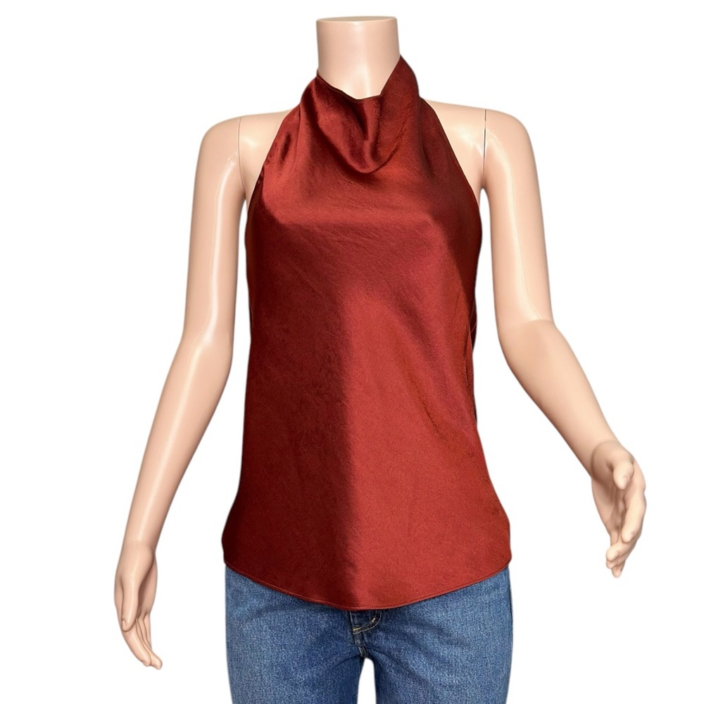 VINCE. Draped Satin Halter Blouse, Red, Medium - Picture 8 of 13